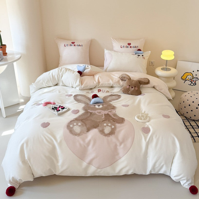 Plush Bunny Duvet Cover Set with Decorative Pillowcases and Pom-Pom Corners