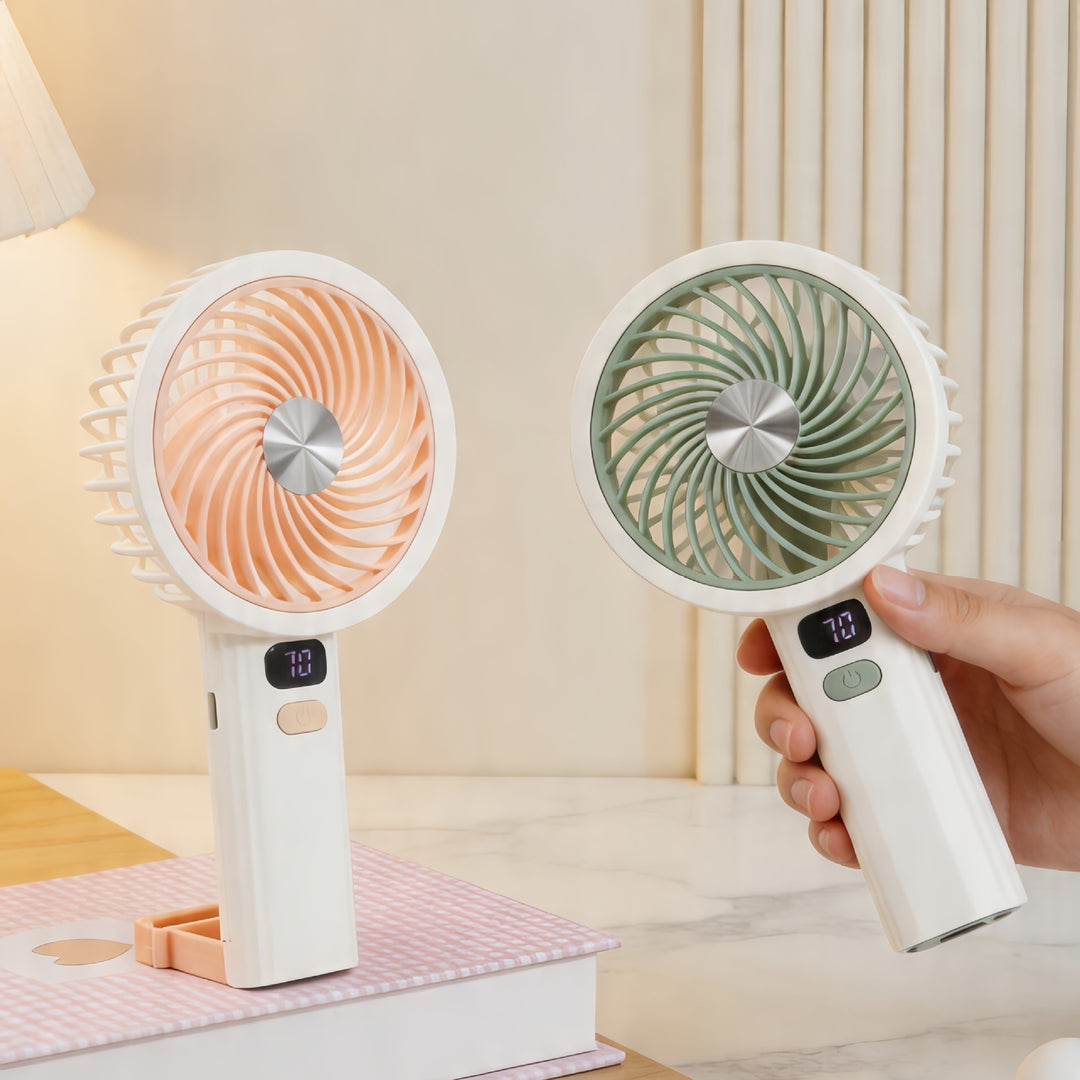 Ladies Portable Hand Fan with LCD Temperature Display and Rechargeable Battery Stornfield