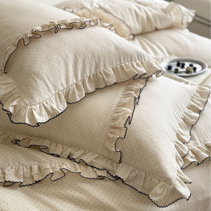 Cottage Ruffled Duvet Cover Ensemble with Microdot Cotton Sateen Frilled Hem and Piped Pillow Shams