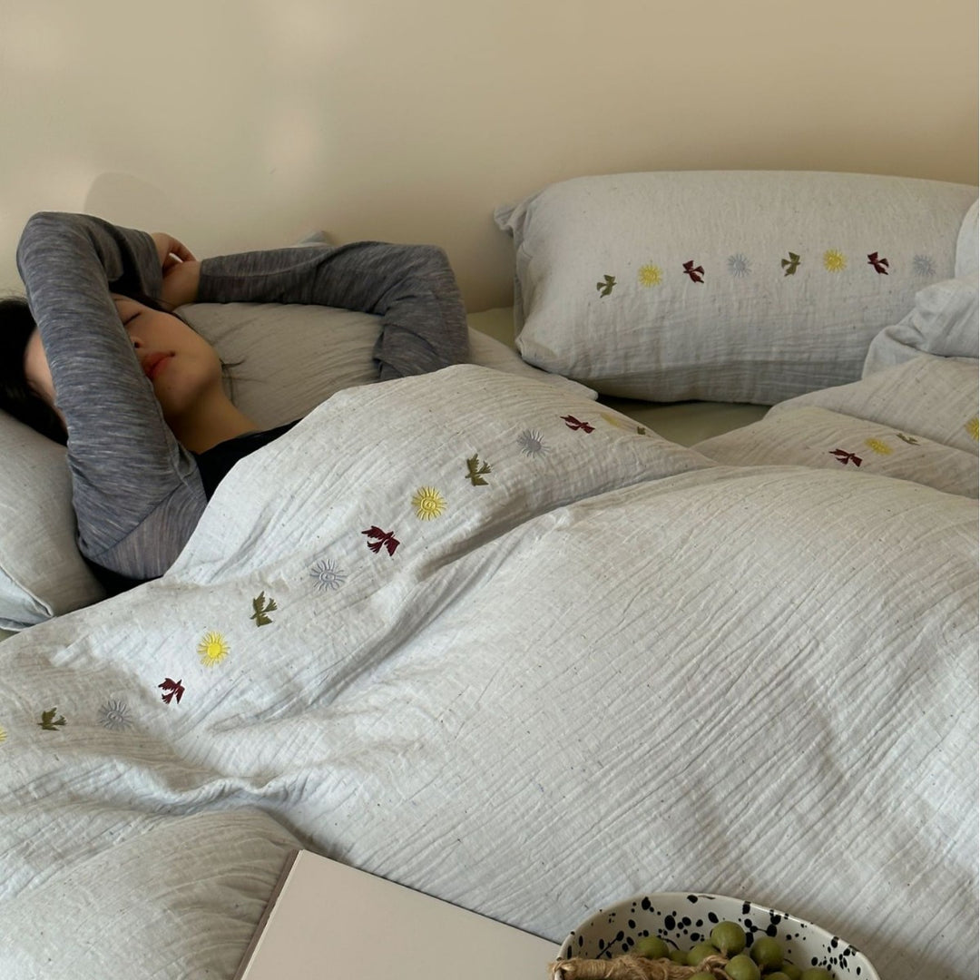Washed Linen-Cotton Duvet Cover Ensemble with Hand-Embroidered Mini Floral Trim