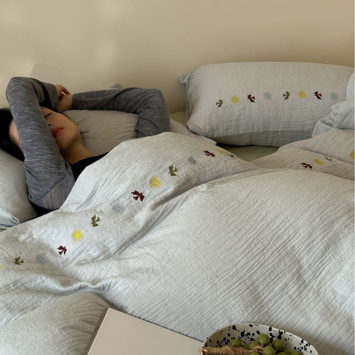 Washed Linen-Cotton Duvet Cover Ensemble with Hand-Embroidered Mini Floral Trim