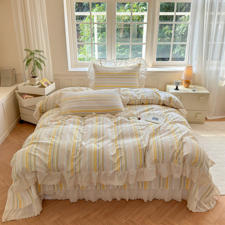 Ruffled Eyelet Lace Striped Cotton Duvet Cover Set with Frilled Pillow Shams