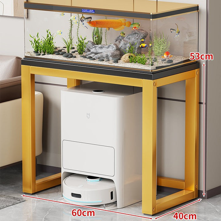 Gold Metal Aquarium Console Table with Faux Marble Top and Robot Vacuum Storage