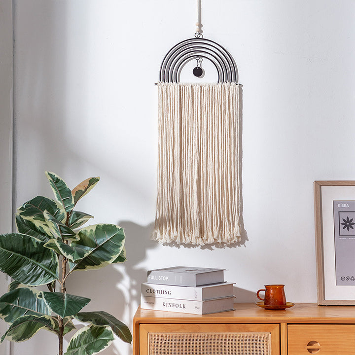 Boho macrame wall hanging with semicircle metal frame and long fringes Stornfield