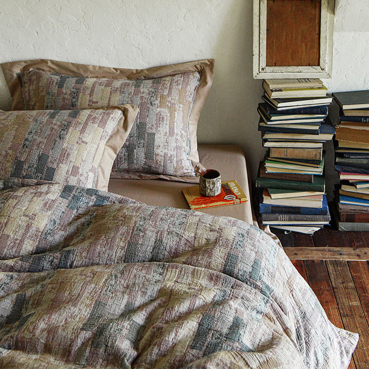 Quilted Cotton-Linen Abstract Block-Pattern Duvet Cover Set with Euro Shams & Deep-Pocket Fitted Sheet
