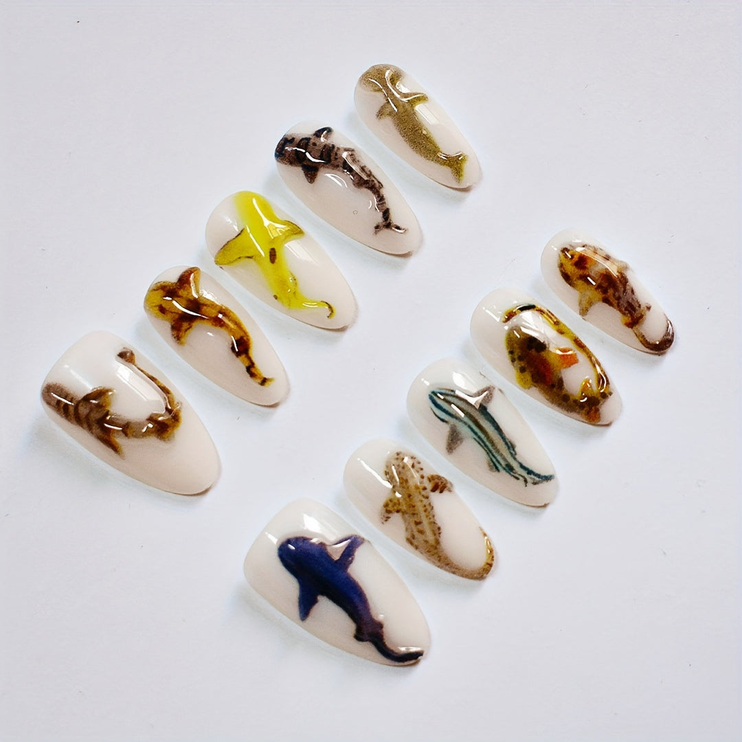 Artistic Shark-Themed Press-On Nail Art Stornfield