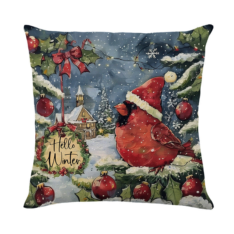 Festive Cotton-Linen Square Throw Pillow Cover with Snowman Winter Village Print and Concealed Zipper