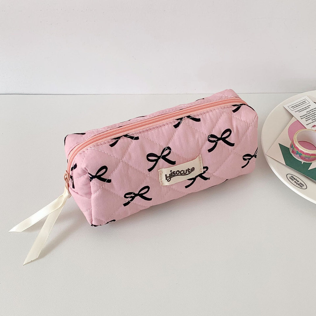 Quilted Bow-Embellished Pencil Case