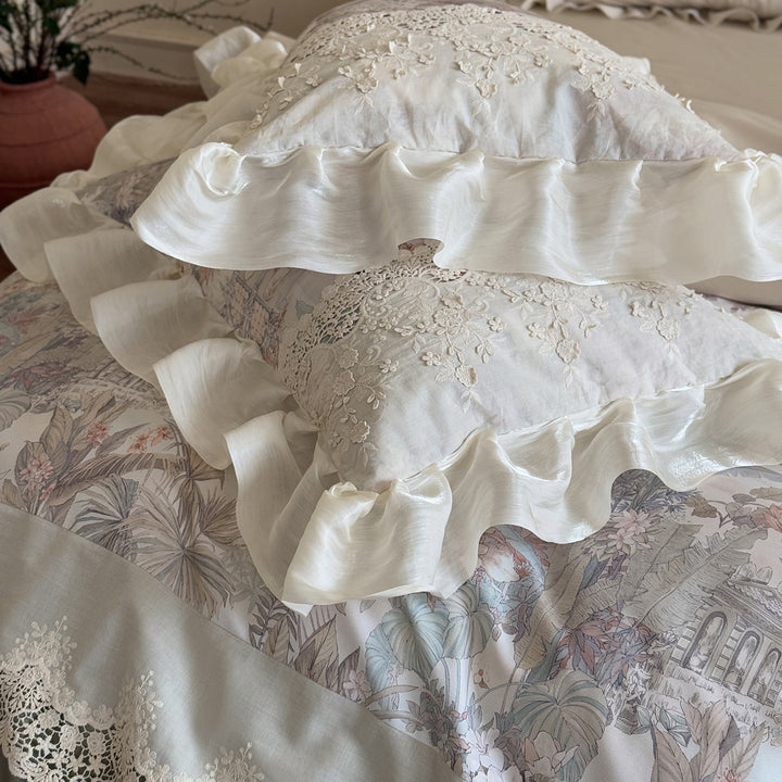 Ruffled Lace-Trim Floral Duvet Cover Set with Printed Panel & Frilled Shams