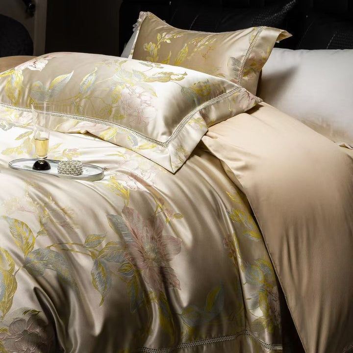 Luxury Satin Jacquard Floral Duvet Cover Set with Decorative Piped Pillow Shams