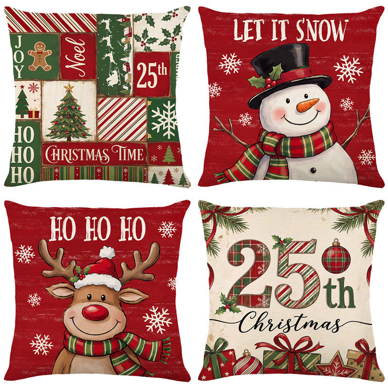 Festive Cotton-Linen Square Throw Pillow Cover with Holiday Plaid Numeral Graphic and Hidden Zipper