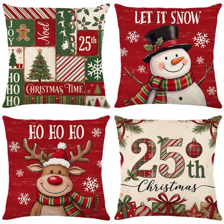 Festive Cotton-Linen Square Throw Pillow Cover with Holiday Plaid Numeral Graphic and Hidden Zipper