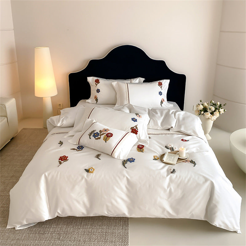 Embroidered Floral Luxury Cotton Duvet Cover Set with Decorative Pillow Shams