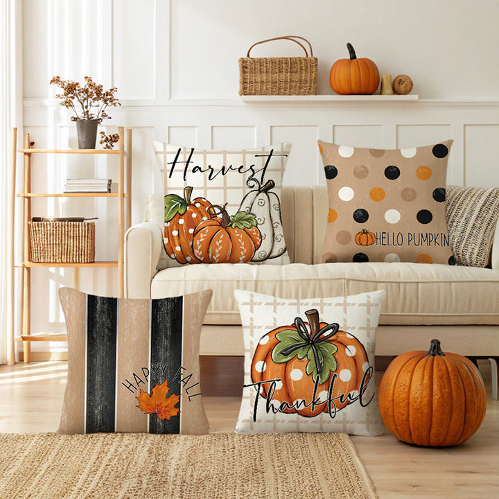 Decorative Throw Pillow Autumn Pumpkin Illustration with Thankful Script