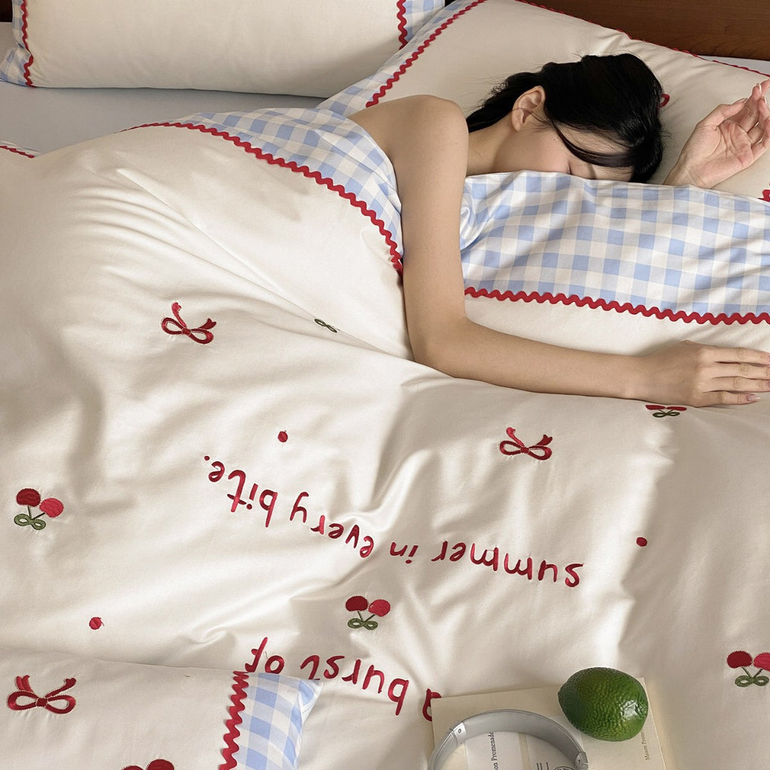 Gingham-Trim Cherry Embroidered Cotton Duvet Cover Set with Pillow Shams and Rickrack Border