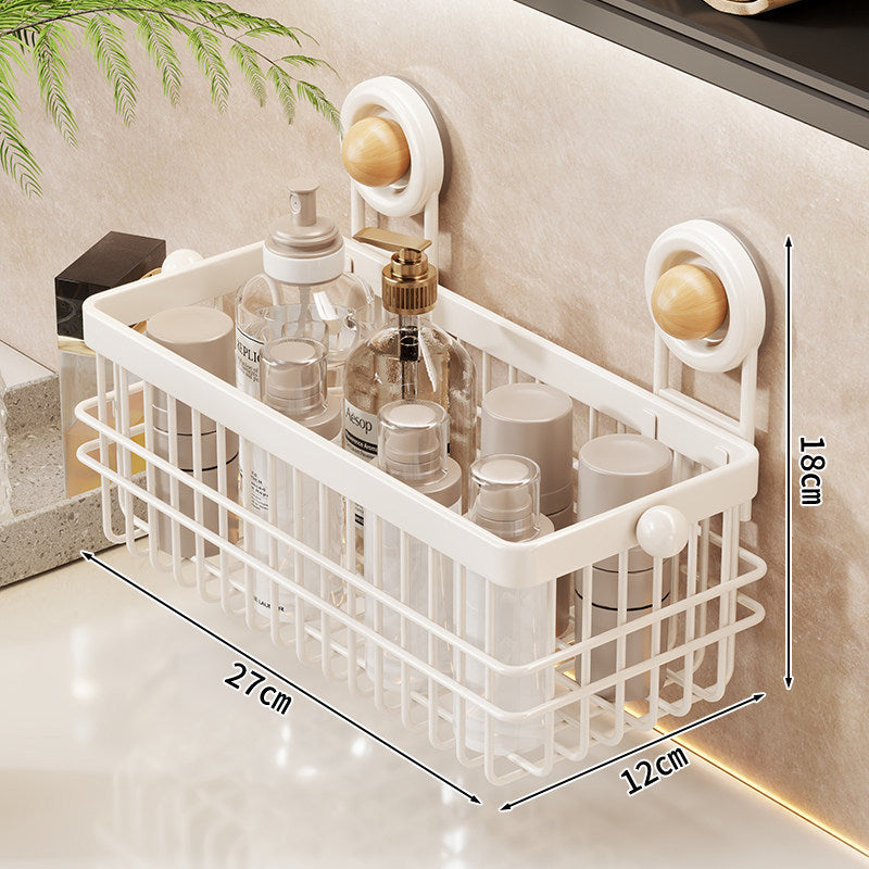 Suction-Mounted Rectangular Bathroom Vanity Organizer Basket with Drainage Grid and Removable Cup