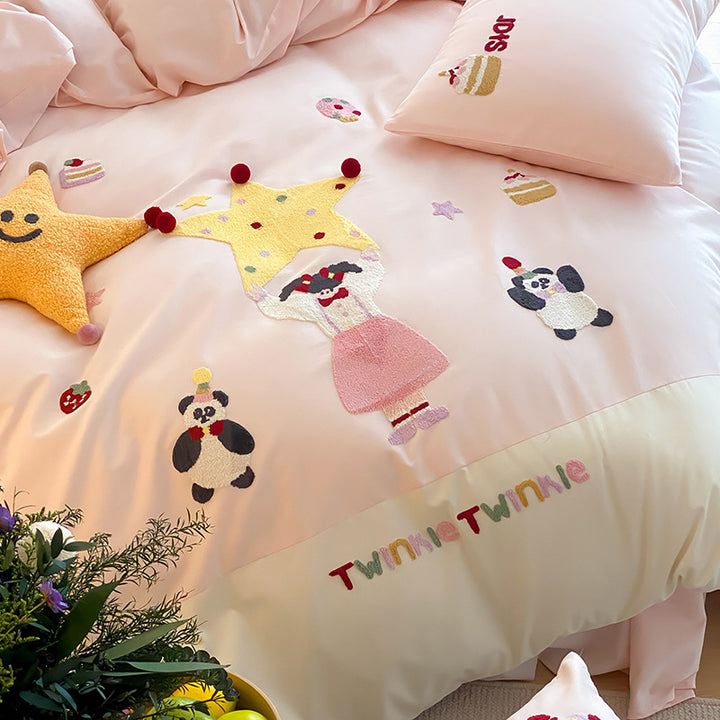Embroidered Cotton Kids Duvet Cover Set with Appliqué Twinkle Motif and Pillow Shams