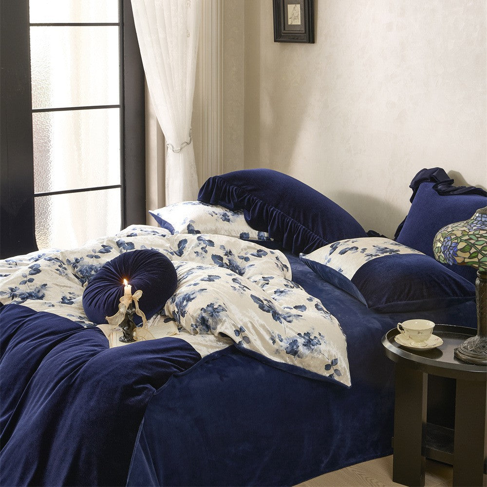 Velvet-Finish Reversible Comforter & Floral Panel Bed Ensemble