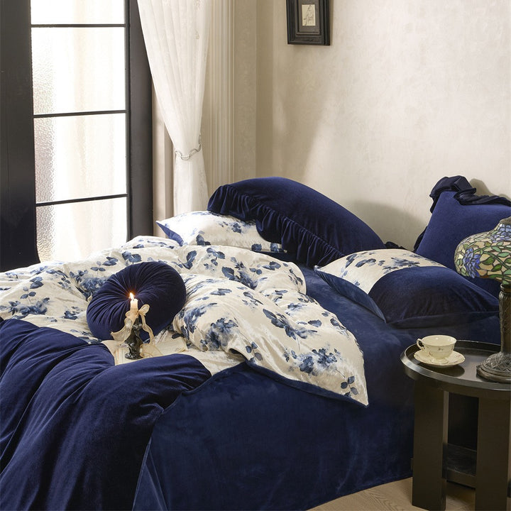 Velvet-Finish Reversible Comforter & Floral Panel Bed Ensemble