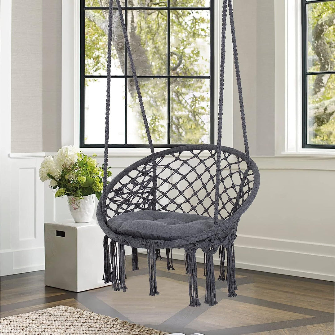 Macrame hanging swing chair boho woven fringe indoor outdoor hammock seat Stornfield