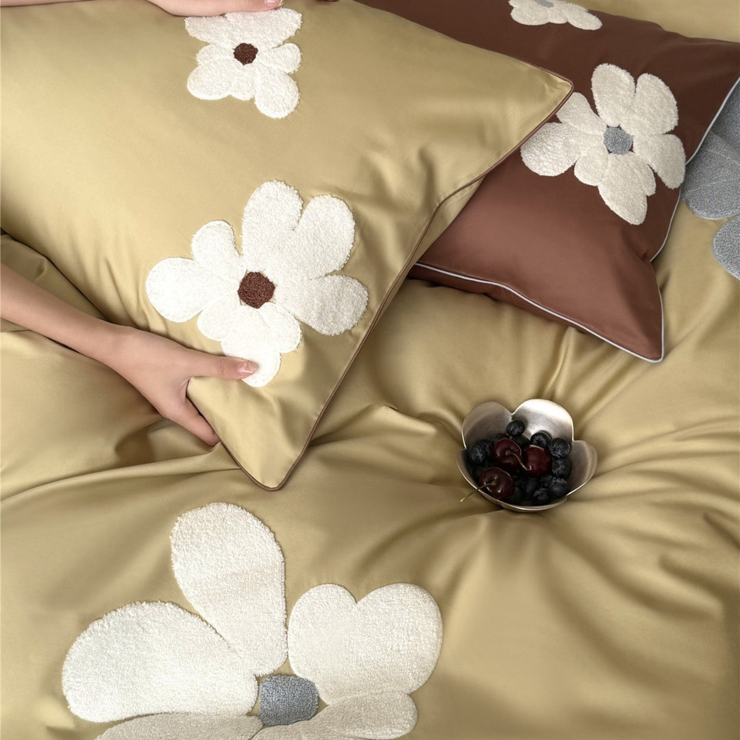 Chenille Floral Appliqué Sateen Duvet Cover Set with Plush Accent Pillow