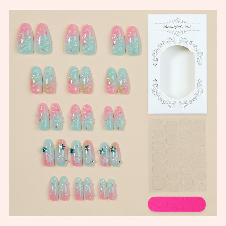 Artistic Press-On Nail Set with Star and Wave Design Stornfield