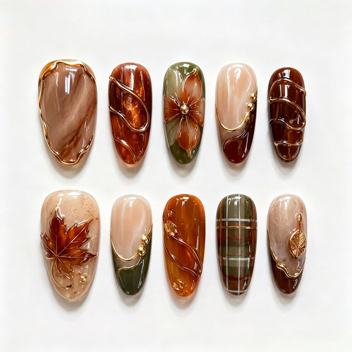 Luxurious Autumn-Inspired Press-On Nail Art Set