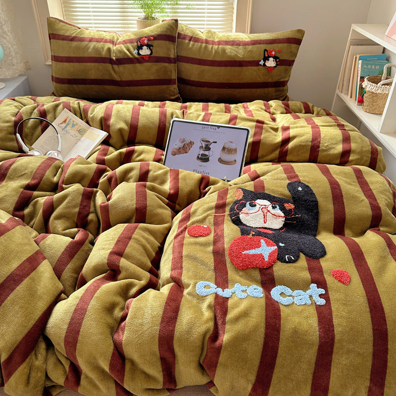 Plush Embroidered Cat Stripe Comforter Bedding Set