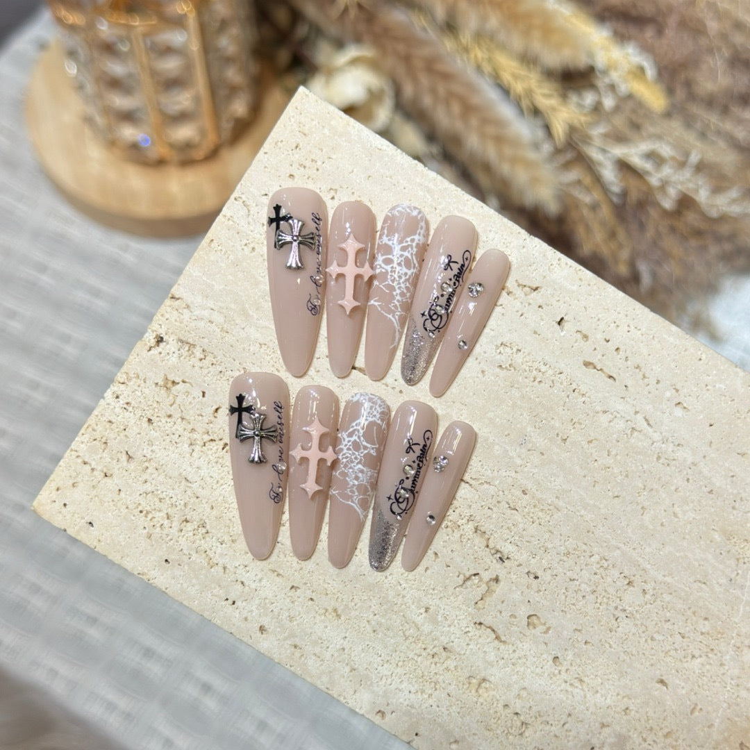Artistic Press-On Nail Set with Decorative Elements
