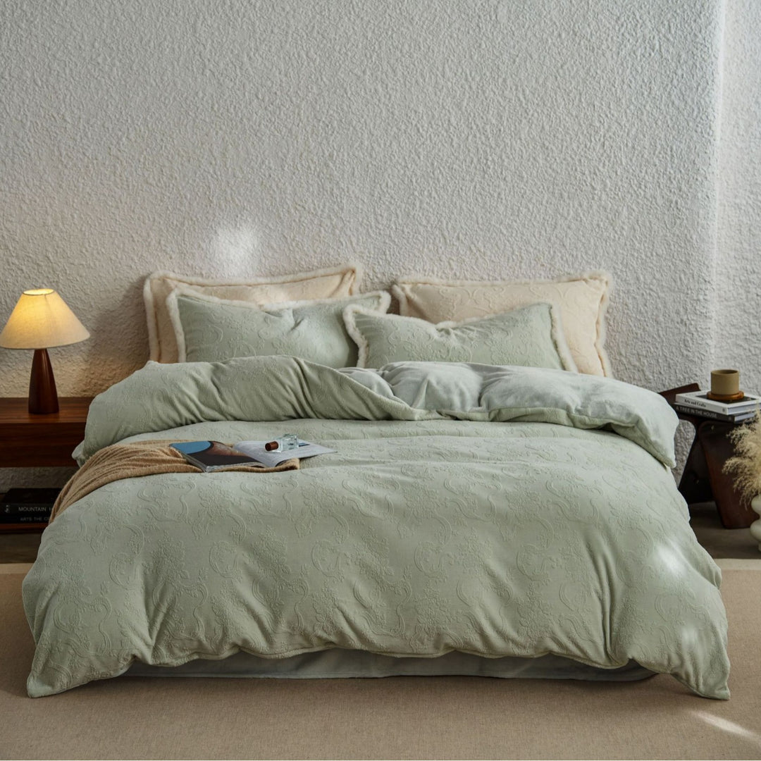 Embossed Paisley Plush Microfiber Duvet Cover Set with Sherpa-Lined Shams