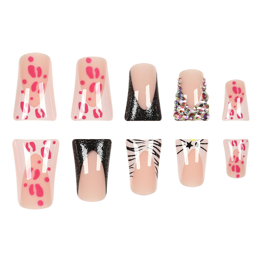 Decorative Stiletto Press-On Nails with Artistic Pattern and Gem Accents Stornfield