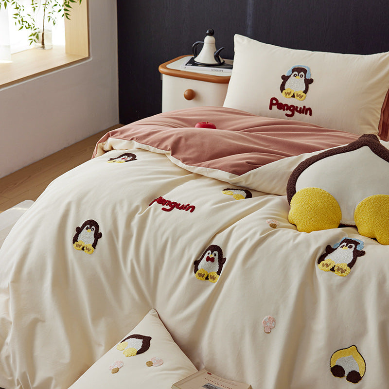Luxurious cotton bedding set with cherry embroidery and reversible design