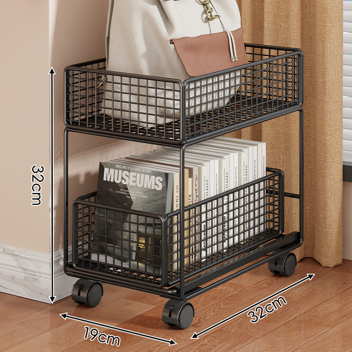 Compact Two-Tier Rolling Metal Mesh Storage Trolley with Locking Swivel Casters