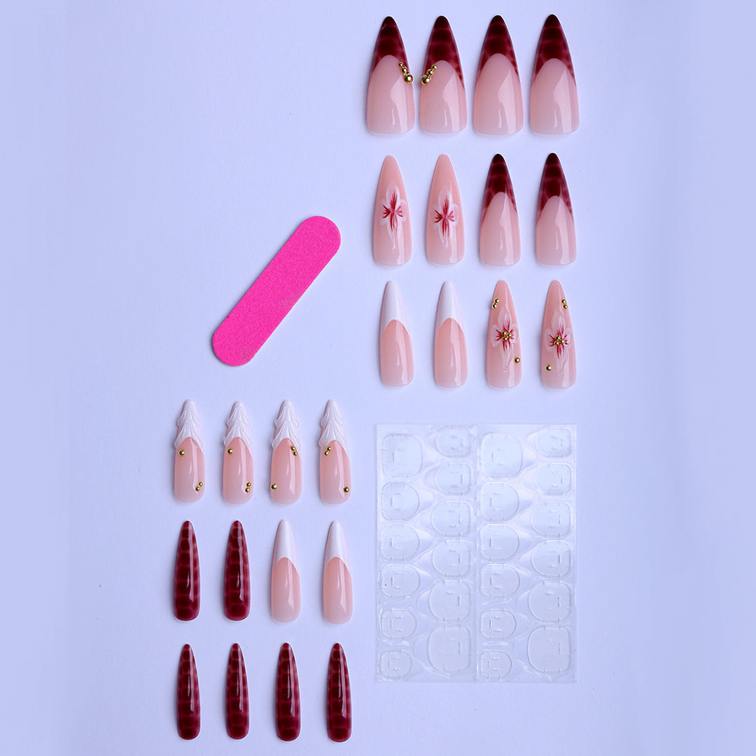 Artificial Nails in Elegant Modern Stiletto Style with Floral Design and Golden Accents Stornfield