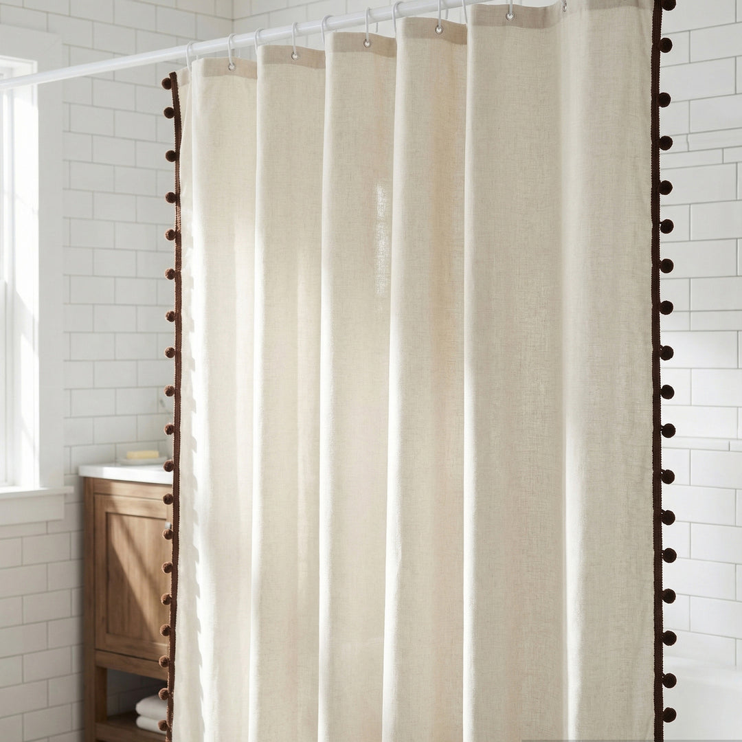 Textured Pom Pom Trim Shower Curtain Stornfield
