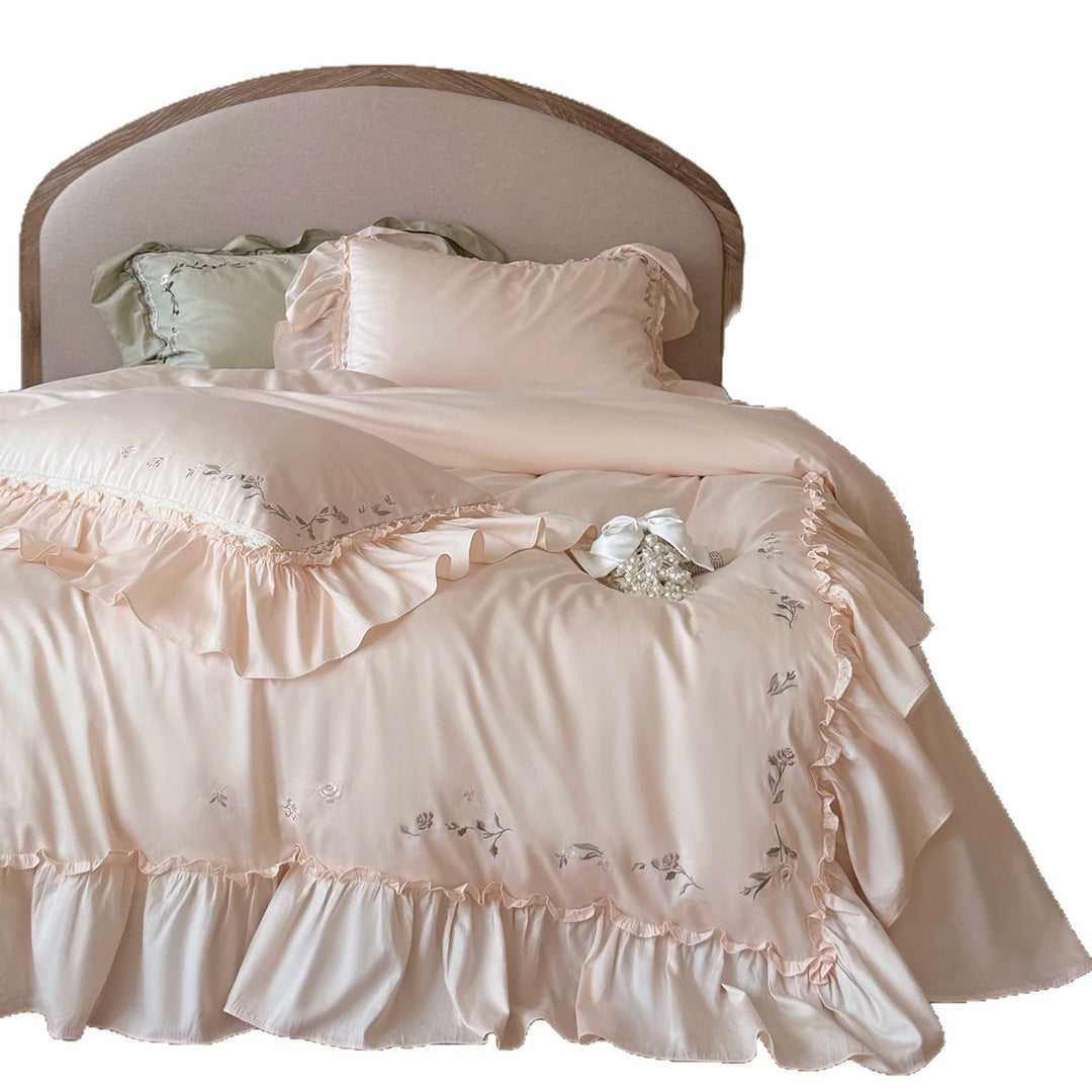 Embroidered Ruffled Satin Duvet Cover Set with Decorative Pillow Shams