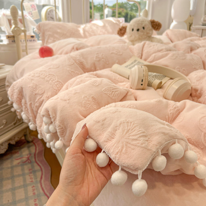 Plush Embossed Butterfly Duvet Cover Set with Pom-Pom Trim