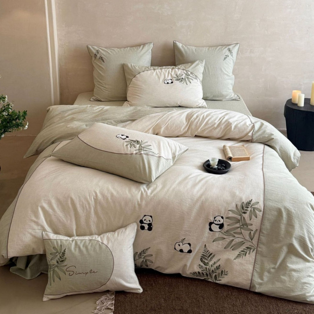 Embroidered Panda & Botanical Cotton-Linen Duvet Cover Set with Envelope Pillow Shams