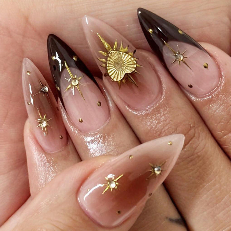 Acrylic nail set with elegant lace and metallic design Stornfield