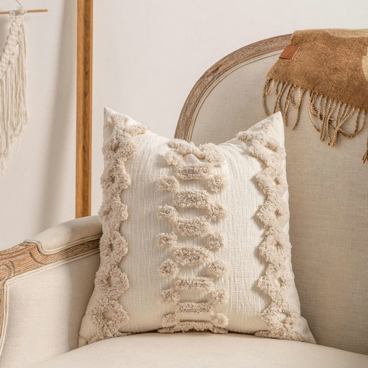 Bohemian Loop-Tufted Lumbar Pillow Cover with Curved Appliqué Texture