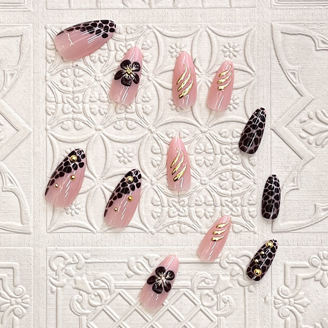 Artistic Press-On Nail Set with Floral and Leopard Accent Stornfield