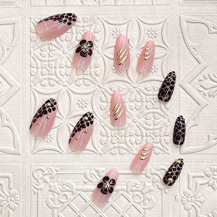 Artistic Press-On Nail Set with Floral and Leopard Accent Stornfield
