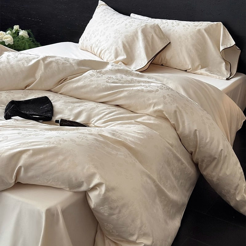 Subtle Floral Jacquard Duvet Cover Set with Piped Oxford Shams & Hidden Zipper