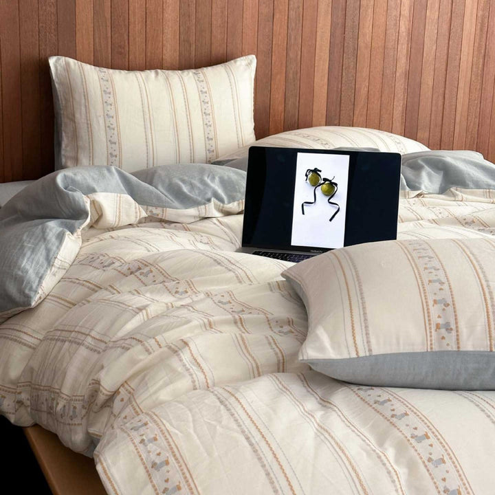 Reversible Cotton-Linen Duvet Cover Set with Handcrafted Stripe & Folk Motif