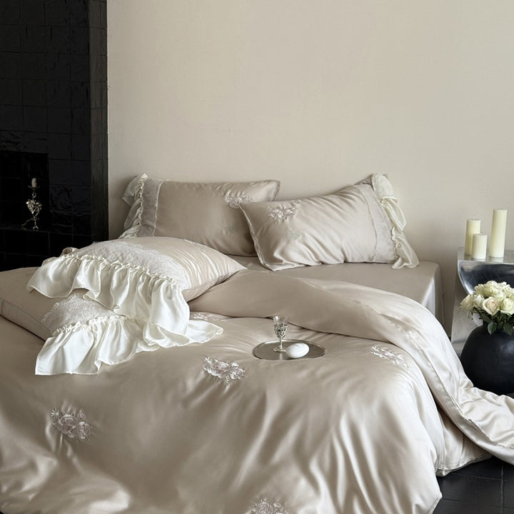 Embroidered Satin Duvet Cover Set with Ruffled Lace-Trim Pillow Shams