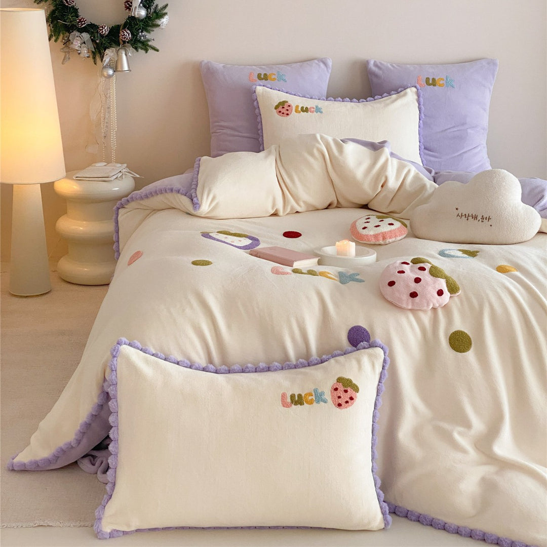 Cozy Plush Chenille Strawberry Appliqué Duvet Cover Set with Lavender Pom-Pom Trim