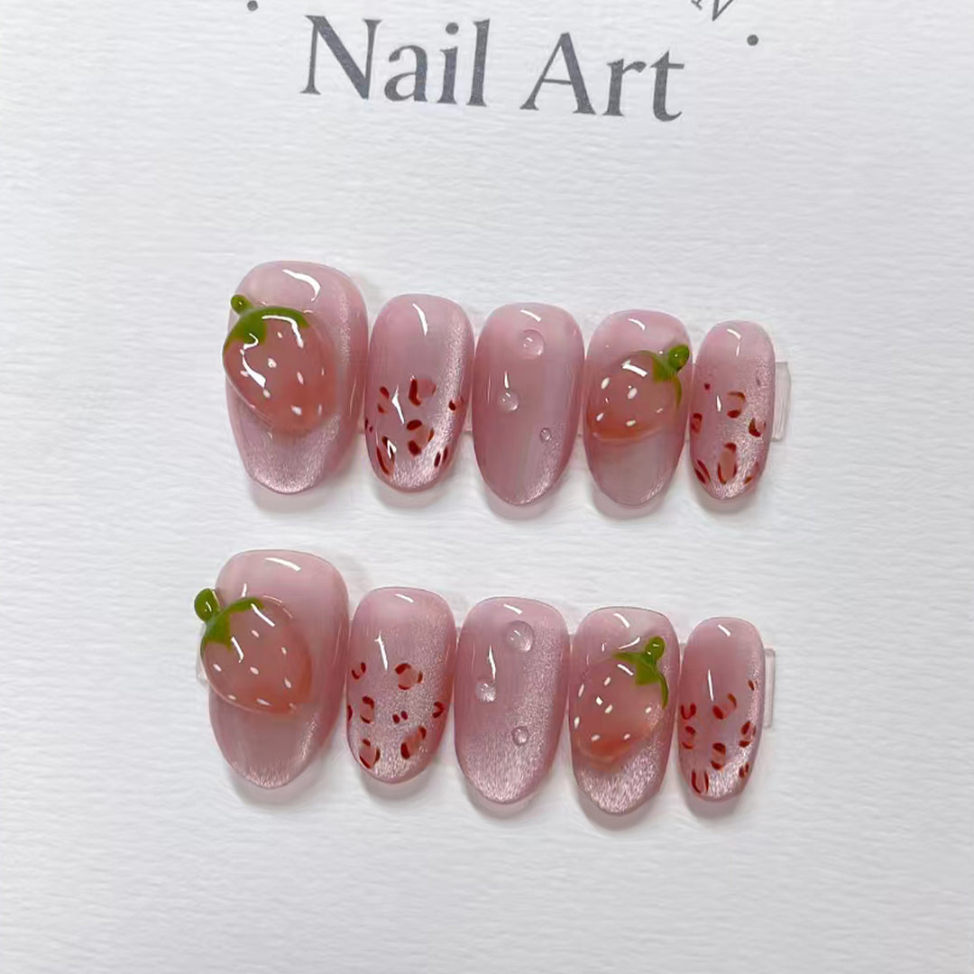 Artistic Strawberry-Inspired Press-On Nail Art Stornfield