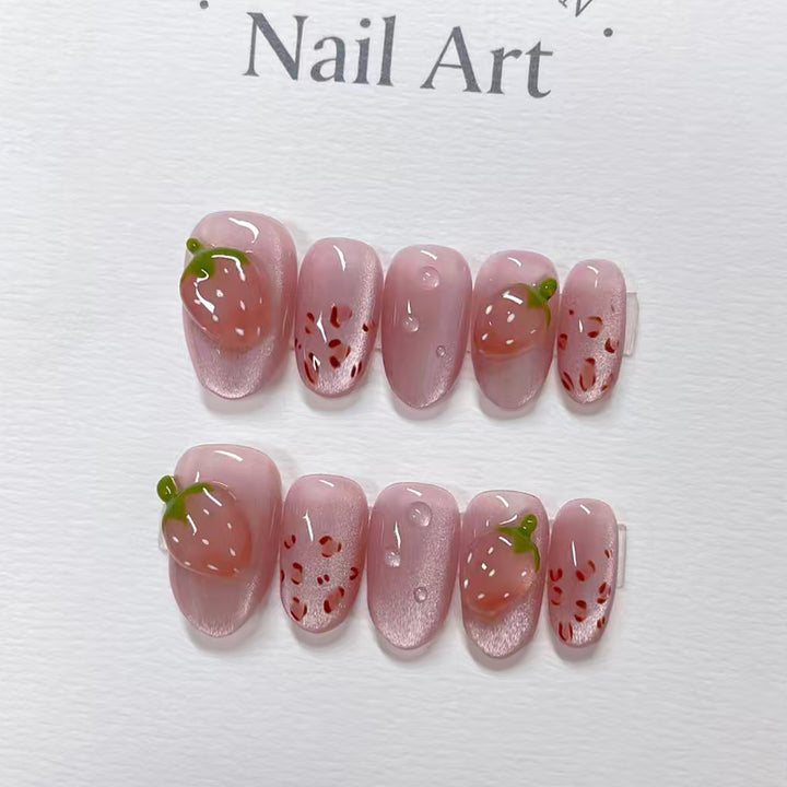Artistic Strawberry-Inspired Press-On Nail Art Stornfield
