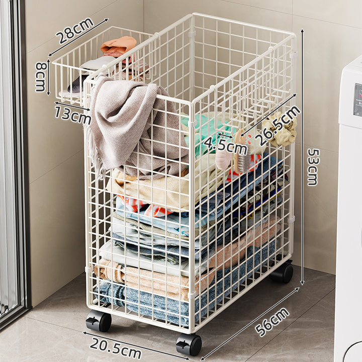 Tall Rolling Metal Laundry Basket with Vertical Slats and Swivel Casters