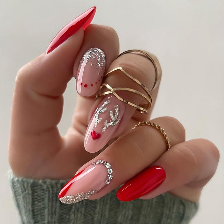 Artistic Press-On Nail Set with Heart and Glitter Accents Stornfield